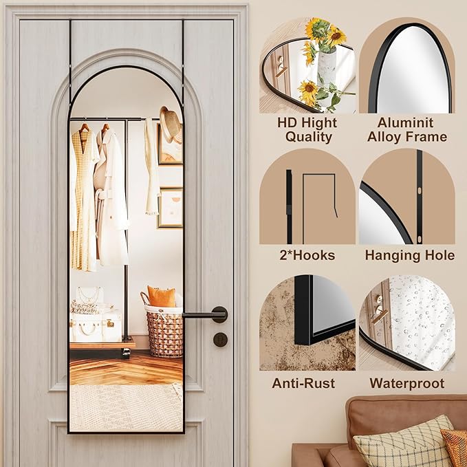 Full Length Door Mirror, Wall Mounted Wall Mirrors, 50"X16" Arched Behind Door/Full Length Mirror for Use in Living Rooms, Rooms, Bedrooms, Cloakrooms, etc. (Black)