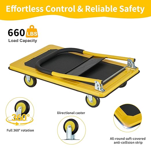 Foldable Push Cart Dolly, Heavy Duty Flat Bed Cart with Wheels & Non-Slip Mat, 360° Mute Wheels for Easy Maneuver, 660lbs, Easy to Assemble – Ideal for Household Tasks, Grocery Delivery, Yellow
