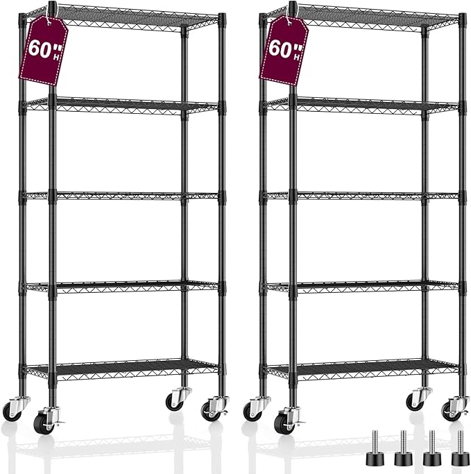 2 Pack 5-Tier Metal Wire Shelving Unit with Wheels & Feet, 14" D x 30" W x 60" H,750 lbs Capacity Adjustable Heavy Duty Steel Wire Rack Storage Shelves for Kitchen, Garage, Pantry