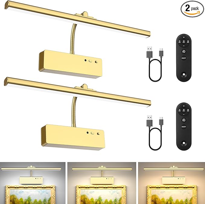 Lightbiz Picture Light 2 Pcs, 15.35inch 5400mAh Rechargeable Picture Lights for Wall Battery Operated Wall Lights with Remote, 3 Colors Paintings Light Dimmable Art Light for Artwork, Gallery (Gold)