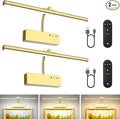 Lightbiz Picture Light 2 Pcs, 15.35inch 5400mAh Rechargeable Picture Lights for Wall Battery Operated Wall Lights with Remote, 3 Colors Paintings Light Dimmable Art Light for Artwork, Gallery (Gold)