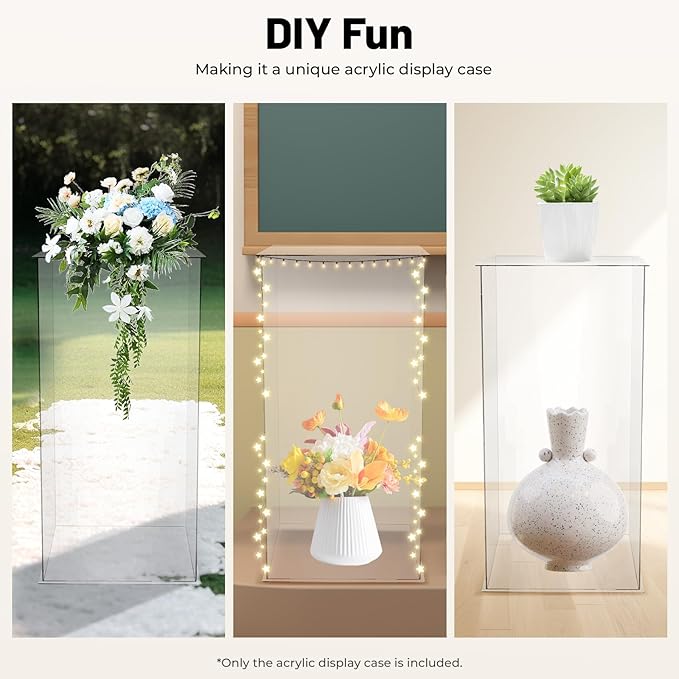 Acrylic Display Stand, 12 x 12 x 24 Inch Display Cube Pedestal, Clear Plastic Box for Centerpieces, Countertop Collectibles Case for Wedding Birthday Party Living Room Bedroom Study Decoration