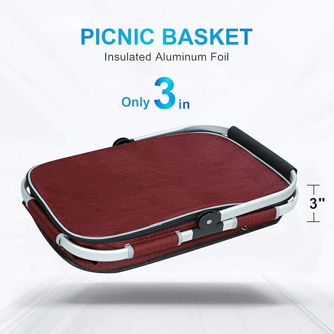 LIQING 35L Large Picnic Basket 2 Layers of Internal Pockets Leak-Proof and Insulated ，Folding with Internal Support for enhansed Stability, Wedding Gifts for Couple(Wine red)