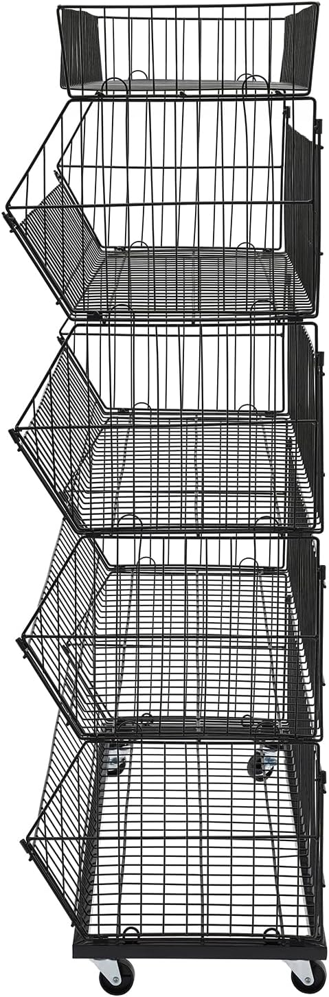 5 Tier Retail Display Rack, Rolling Storage Rack 5 Layers 35.43*16.93*53.54in Metal Display Shelf Fruit Vegetable Snack Basket Storage Supplies for Home Store Market (Black, 90*43*136cm)