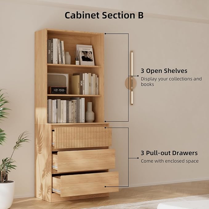 TUSY 71'' Freestanding Tall Storage Cabinet, 5 Tier Wood Bookcase with 3 Drawers and 2 Tempered Glass Doors (DBBD)