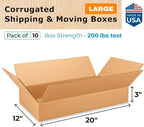 Large Shipping & Moving Boxes 20x12x3 inches (10-Pack) - Extra Strength 200 lb vs Regular - Corrugated Packing Boxes for Moving - Cardboard Box for Delivering - Packing Box by IDL Packaging