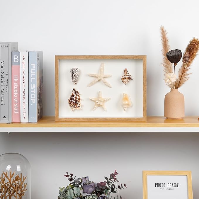 liomey Shell Ornament Christmas Decor 11.69" x 8.27" Coastal Wall Art Wooden Frame with Natural Conch Shells, Nautical Beach Home Decor, Ocean Themed Display for Living Room, Bedroom, Office(Two Large Starfish)