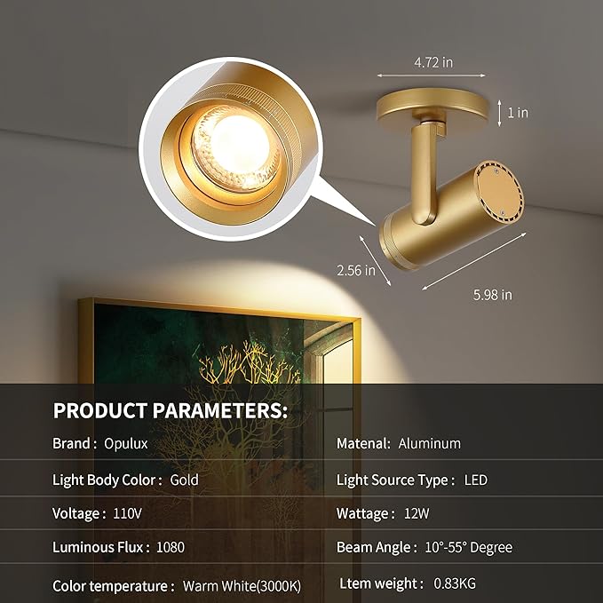 12W LED Gold Dimmable Zoomable Ceiling Spotlight Indoor – Adjustable Surface Mount Accent Light for Corridor, Living Room, Plants & Painting | Warm White 3000K CRI 97, Flicker-Free, 2 Packs
