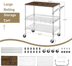 Rolling Kitchen Carts on Wheels With Storage,650Lbs Heavy Duty Metal Cart with Wheels,3 Tier Rolling Cart with Wooden Top,NSF Utility Cart with Handle for Food Cart Serving Carts,30.3"L*31.9"H*18.1"W