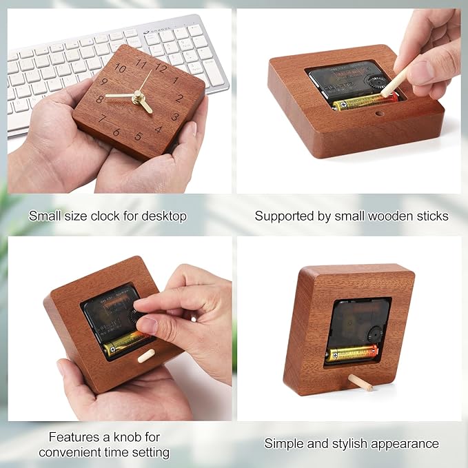 Wooden Table Clock on Stand, Decorative Battery Operated Desk and Shelf Clock, Silent Non-Ticking Desktop Clock for Office, Living Room or Bedroom Decor, Square Shape, Sapele Wood