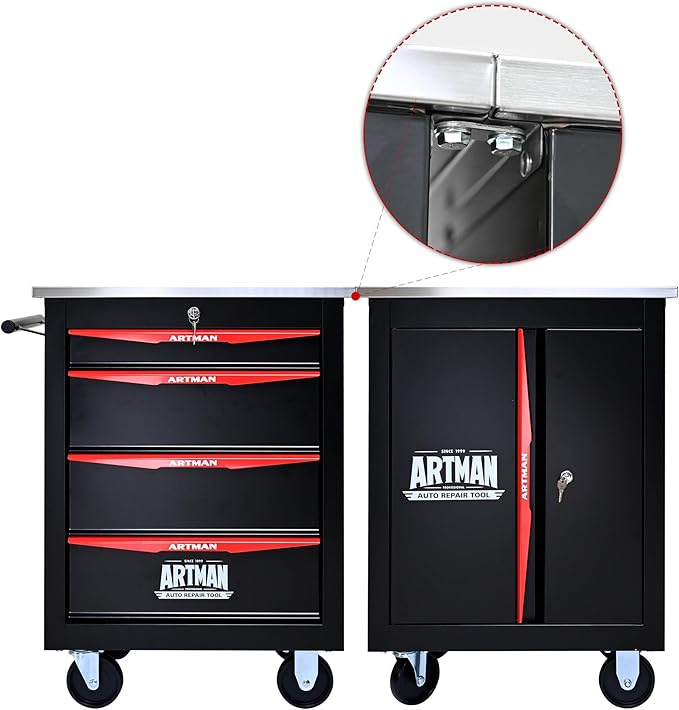 4 Drawer Rolling Tool Chest with Locker, 22.2" D Metal Movable Lockable Tool Cart Box Multi-Functional Hardware Storage Cabinet Box for Warehouse Basement Home Pantry Garage