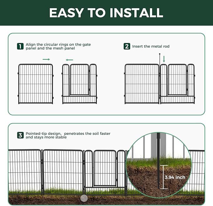 FXW Garden Fence Outdoor for The Yard – 32in(H) x 36.4ft(L) Heavy Duty Metal Animal Barrier for Dog and Rabbit, Decorative Dog Fence, 16 Panels, Black