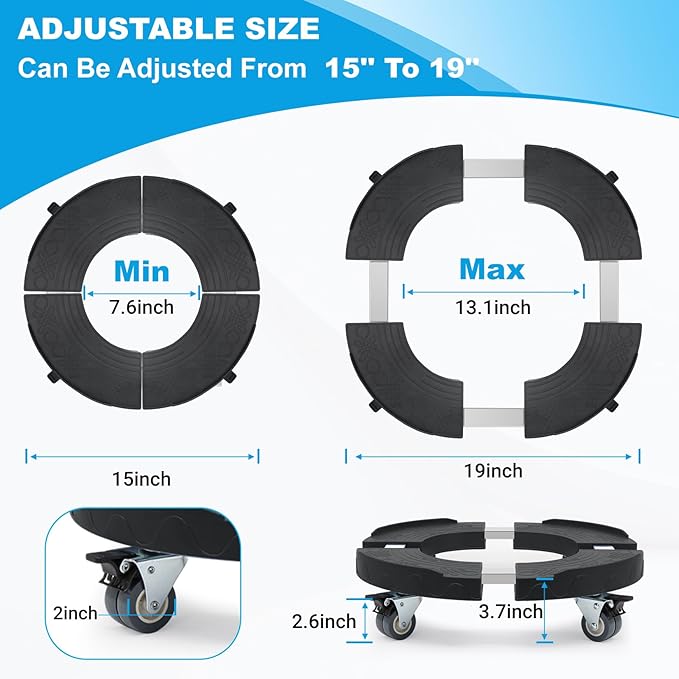 Trash Can Dolly Wheels, Adjustable 15-19 Inch Round Roller with Locking Wheels 440 LBS Heavy Duty Drum Cart Multi Function Rolling Dollies Stand Plant Caddy(2 Packs, Black)