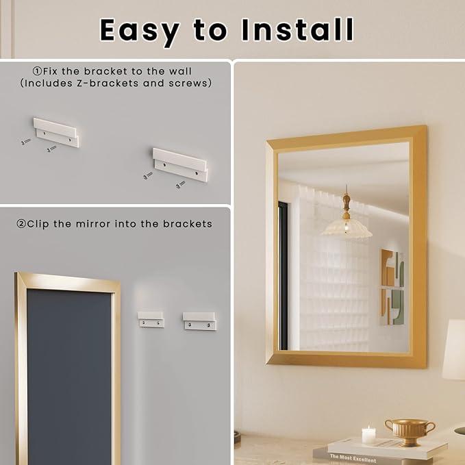 Amorho Bathroom Mirror, 40x32 Inch Golden Thick Metal Framed Wall Mirrors for Over Sink, Wall-Mounted Mirrors Perfect for Bedroom, Living Room, Entryway, Rectangle (Horizontal/Vertical).