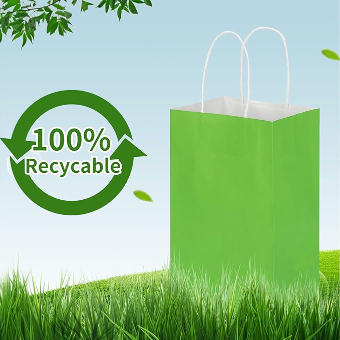 100 Pack 5.25x3.25x8.25 Inch Small Grass Green Kraft Paper Bags with Handles Bulk, Toovip Gift Wrap Bags for Favor Grocery Retail Party Birthday Shopping Business Goody Craft Merchandise Takeout Sacks