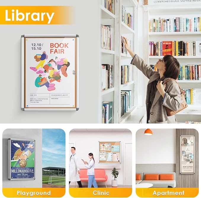 SWANCROWN Enclosed Bulletin Cork Board 24x18 in, Lockable Bulletin Board Tamperproof Wall Display Case for Office School Trade Community, Aluminum Frame