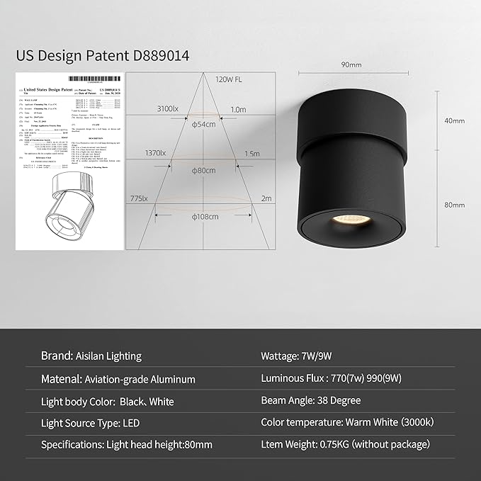 Aisilanled LED Spotlight Indoor, 9W Dimmable Ceiling Spot Lights Mounted Light Fixture, 360° Pivoting Small Directional Lighting for Living Room Bedroom Artwork Accent Lighting, 3000K, CRI 97+