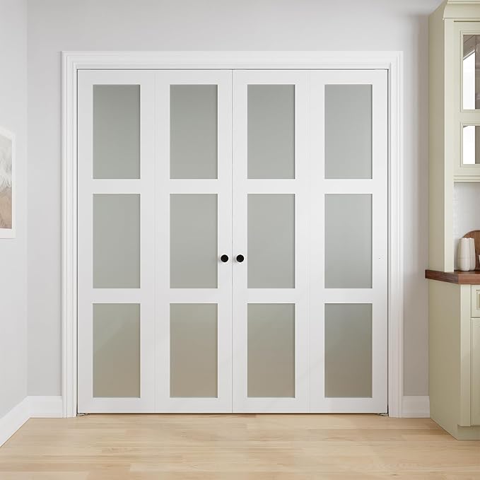 Bifold Doors for 64" x 80-3/4" Opening, 3-lite Tempered Frosted Glass Closet Folding Doors with Hardware kit Included, Easy Assembly, White