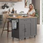43.3" Rolling Kitchen Island Cart with Drop Leaf & Storage - Mobile Kitchen Organizer with Wheels, Rubberwood Top, Trash Bin Cabinet & Towel Rack, Farmhouse Style for Small Spaces Grey
