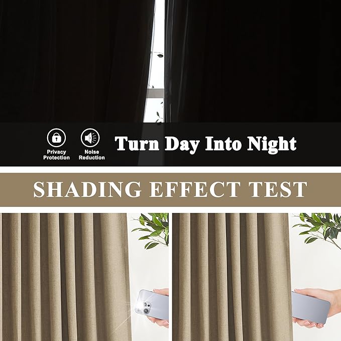 Vision Home Brown Pinch Pleated Full Blackout Curtains Linen Blended 60" Wide Thermal Insulated Window Panels 95 inch for Bedroom Living Room Darkening Pleat Drapes with Hooks Back Tab 60" Wx95 Lx1
