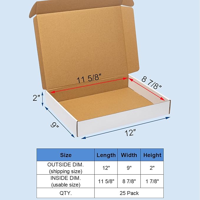 Shipping Boxes 12x9x2" 25 Pack - White Corrugated Cardboard Box Mailers for Small Business, Literature Mailer Box Packaging Supplies