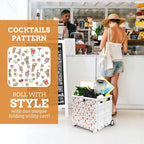 Inspired Living Ultra-Slim Rolling Collapsible Storage Pack-N-Roll Utility-carts, with Telescopic Handle, for Home, Garden, Shopping, Office, School use, Large, White, Cocktail Print