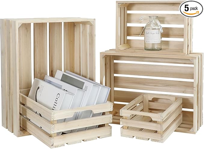 5-Piece Farmhouse Wooden Crate Set - Rustic Wooden Crates for Display and Storage, Large Natural Wood Decorative Crates, Farmhouse Apple Crates, Painted Wood Crates for Decor