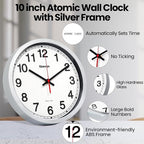 Geevon 10 Inch Atomic Wall Clock - Self-Setting Analog Clock with Automatic Time Sync - Battery Operated for Home Office School - Silver Frame