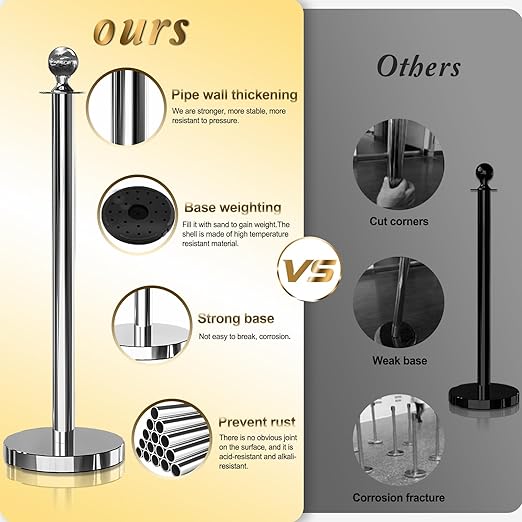 6PCS Silver Stanchions Posts with 4PCS 5 ft Red Velvet Rope, Red Velvet Rope Stanchion Set Crowd Control Barriers, Stanchions and Velvet Ropes Red Carpet Poles for Party Supplies