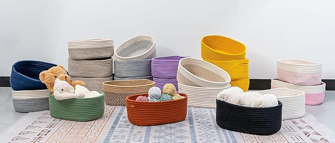 CubesLand Small Baskets, Storage Baskets for Organizing Shelves, Rectangular Woven Storage Baskets Natural Cotton Rope Toy Storage Bins Closet Baby Baskets Empty Gifts Baskets Camel/Mixed Black