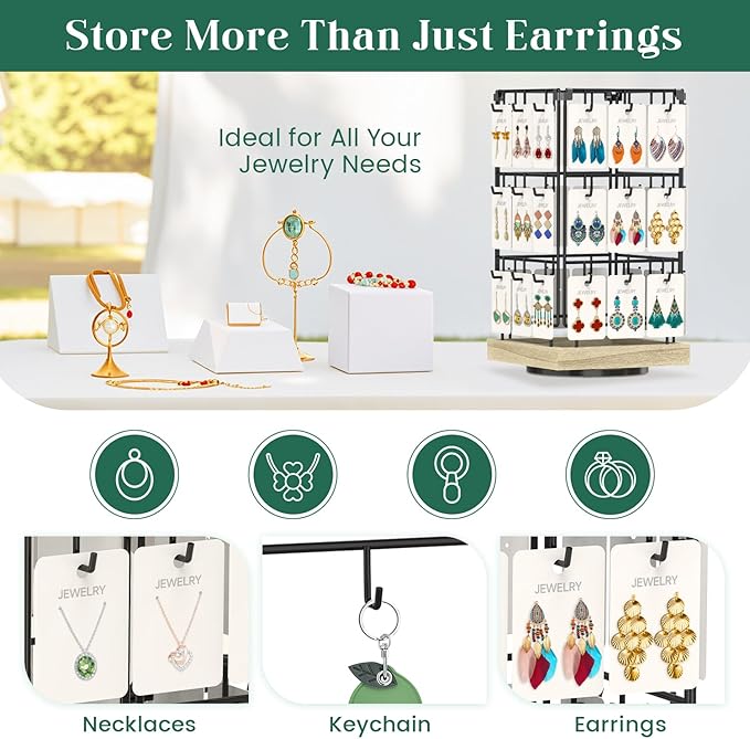 EsLuker.ly Rotating Earring Display Holder Stand for Vendors Events Selling, Large Capacity 36 Hooks Jewelry Rack with Wooden Base for Earring Card Sales, Enhances Retail Visibility(Oak Color)