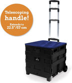 Inspired Living Collapsible Ultra-Slim Pack-N-Roll,2 Wheel Utility Cart w/Lid Used as Seat up to 250 Lbs, Telescopic Handle - Super Strong, for Home, Garden, Shopping, Office, School use, Large, Blue