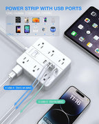 Flat Plug Power Strip Surge Protector, Flat Extension Cord Indoor 20 Feet， HUNIAN 12 Widely Spaced Outlets with 6 USB (2 USB C Ports), Desk Charging Station for Home Office Supplies, White