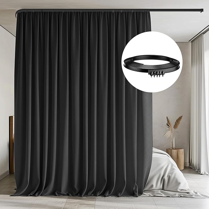 Room Divider Curtains with Flexible Ceiling Tracks Set,Blackout Curtain Ceiling Mount Curtain Track Privacy Room Dividers Ceiling Track Curtain Rod(Black Drape & Black Rail W 8.3 × H 9 FT)