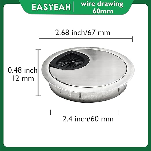 2 Pcs Desk Grommet 2-3/8" / 60 mm, Desk Cord Hole Cover, Cable Grommet Metal Zinc Alloy Materilal, Desk Hole Grommet for Home & Office Pc, Detachable Cable Cord Organizer-Brushed Silver