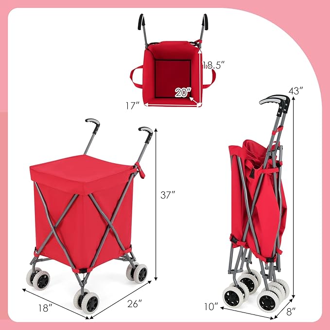 Goplus Folding Shopping Cart with Wheels, Grocery Cart with Removable Oxford Cloth Liner, Lightweight Utility Cart for Groceries Laundry, Red