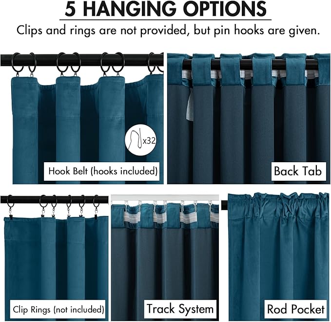 MIULEE Velvet Curtains 96 Inches Long 2 Panels Set for Bedroom, Pinch Pleat Back Tab Thermal Insulated Living Room Darkening Drapes Pleated Blackout Floor to Ceiling Curtains with Hooks, Peacock Blue