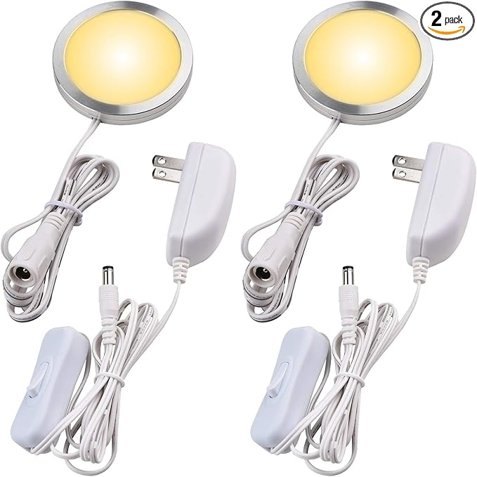Single LED Kitchen Under Cabinet Puck Light, 120V Direct Wall Plug in Closet Cupboard Night Light, Easy to Mount, Inline On Off Switch, White Wires, 2 Packs, Warm White