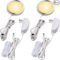 Single LED Kitchen Under Cabinet Puck Light, 120V Direct Wall Plug in Closet Cupboard Night Light, Easy to Mount, Inline On Off Switch, White Wires, 2 Packs, Warm White