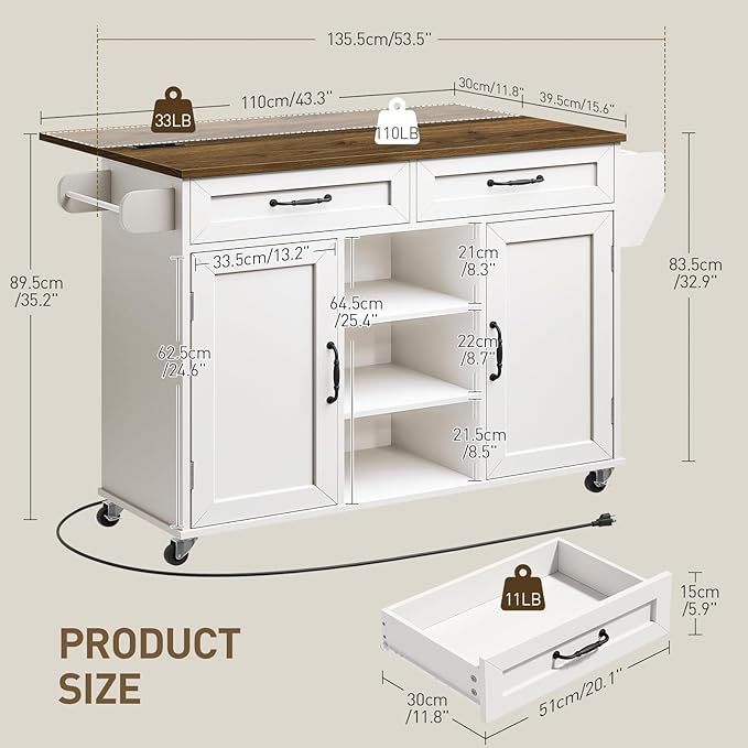 Kitchen Island with Power Outlets & Drop Leaf, Kitchen Cart with Storage, Drawer and Spice Rack, Tower Rack, Island Table, White and Walnut