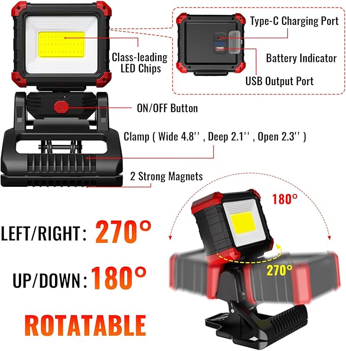 LED Rechargeable Work Light with Clamp, 2Pack 2100LM COB Magnetic Clip on Worklight 270° Rotating with Mobile Charger, Portable Clamp Work Light for Boats, Car Repairing, Job Site Lighting