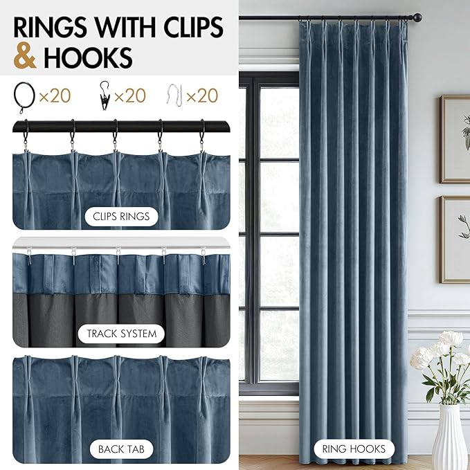 MIULEE Stone Blue Velvet Curtains 90 inches Long, Pinch Pleated Blackout Drapes with Hooks, Thermal Insulated Pinch Pleat Panels for Bedroom Living Room, 2 Panels