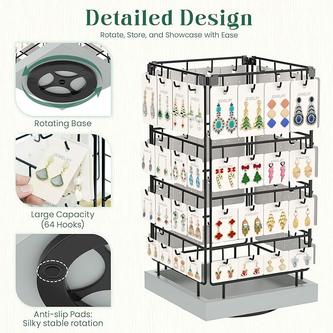 EsLuker.ly Rotating Earring Display Holder Stand for Vendors Events Selling, Large Capacity 64 Hooks Jewelry Rack with Wooden Base for Earring Card Sales, Enhances Retail Visibility (Light Grey)