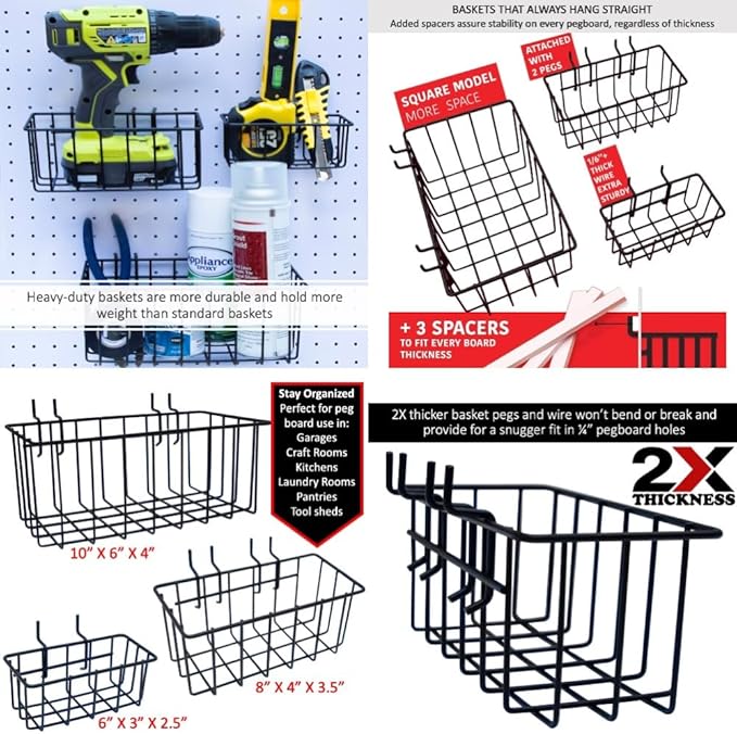 Heavy Duty Black Pegboard Hooks and Baskets for Hanging Tools, 73 Pieces 1/4'' Peg Board Accessories Peg Hooks and Bins, Peg Board Attachments for Organizing Tools Garage Kitchen Bathroom Craft Room