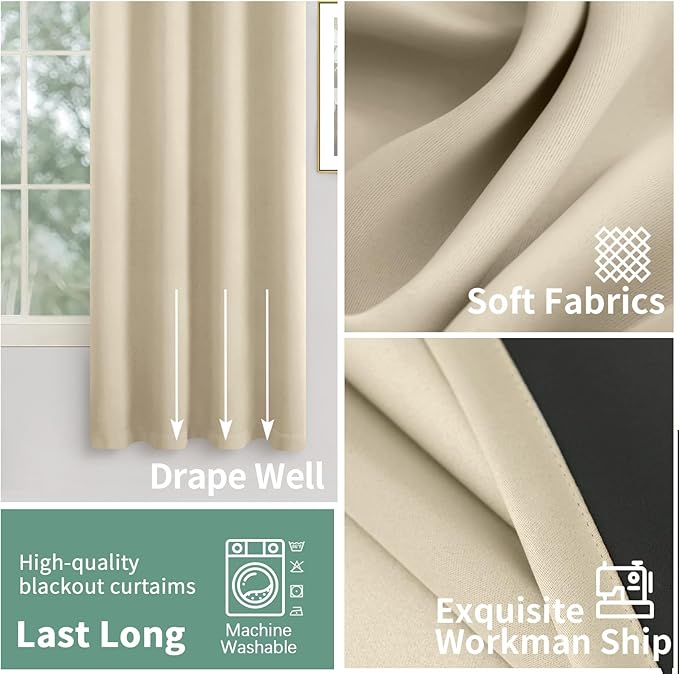 Beige Blackout Curtains 84 Inch Length 2 Panels Set for Living Room, Thermal Insulated 100% Room Darkening Light Blocking Soundproof Grommet Window Curtains with Black Liner, Each 42 Inch Wide