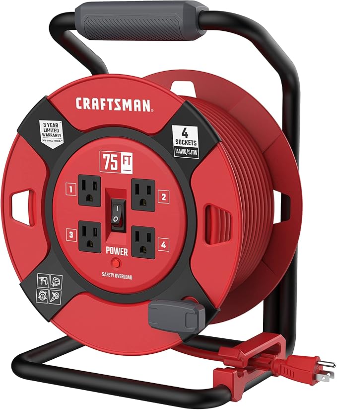 CRAFTSMAN 75 Ft Retractable Extension Cord Reel with 4 Outlets, On/Off Switch, Light Indicator & Heavy-Duty 14AWG SJTW Cable, CSA Certified Outdoor Cord Reel