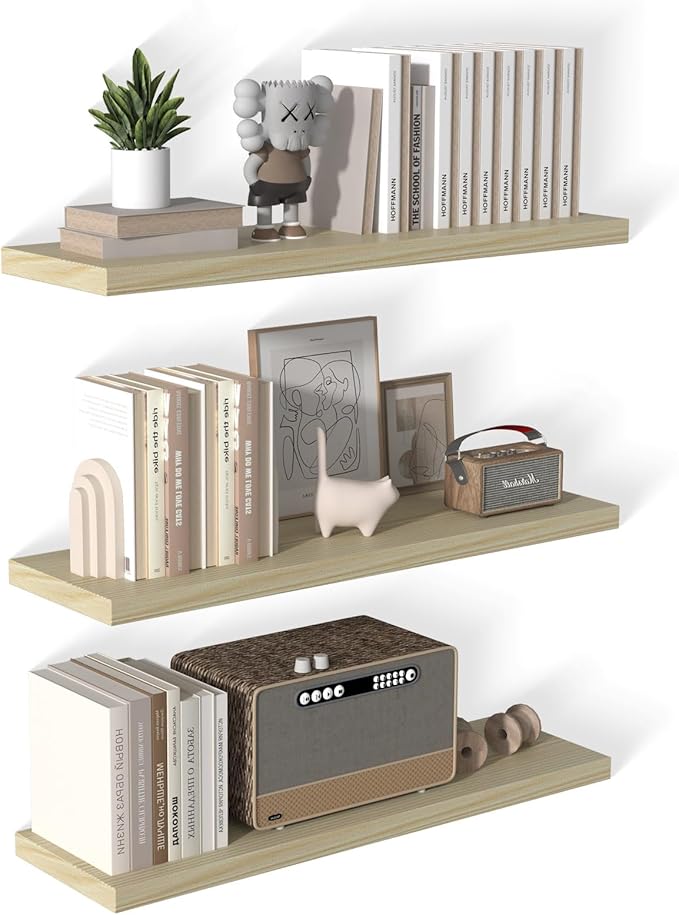 12 Inch Deep Floating Shelves for Wall 3 Pack Floating Shelfs Large Storage Space Wall Decor Display Shelf for Bathroom Living Room Bedroom Kitchen 40" W x 12" D x 1.2" H Natural Wood