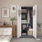 LUCYPAL Broom Storage Cabinet with Locking Doors and Shelves,Broom Closet Storage Cabinet with Hanging Rod and Hooks,Metal Garage Cabinets for Kitchen,Bathroom,Office 72.8" H White&Grey