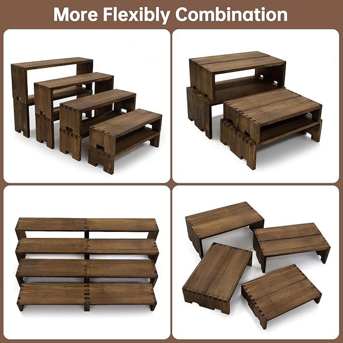 Large Display Wood Risers Wooden Stand 4 Tier Wood Racks, 2 Set 8 Pieces Cupcake Stands Cologne Perfume Organizer Dessert Stands for Vendors Event(Brown 8)