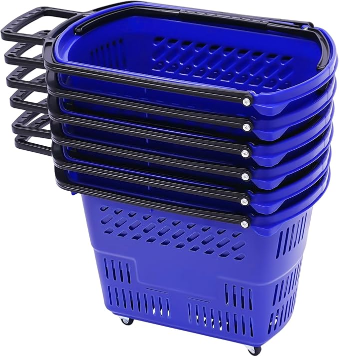 6PCS Shopping Carts,35L Shopping Basket with Wheels and Handle,Portable Plastic Rolling Sho-pping Basket for Retail Store (Blue)